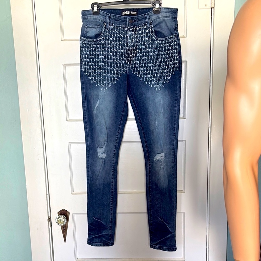 Legendary Status Stylish Blue Jeans for Women Size 34 Embellished Distressed
